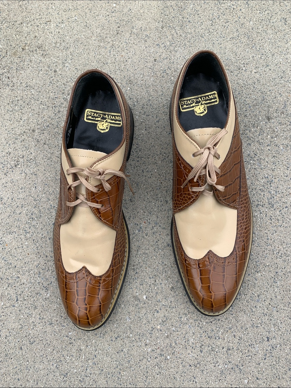 Stacy Adams Leather Brown Croc-Embossed & Cream Two-Tone Wingtip Oxfords Size 9